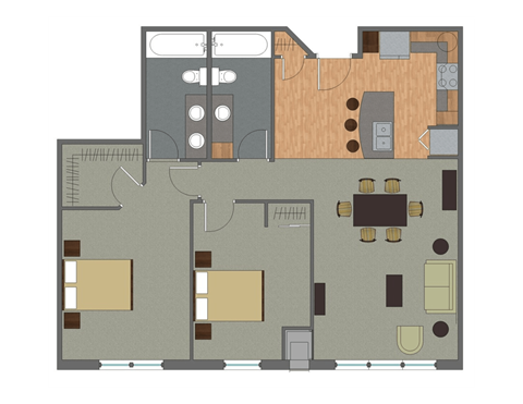 A floor plan of a building with a kitchen, living room, and two bedrooms.